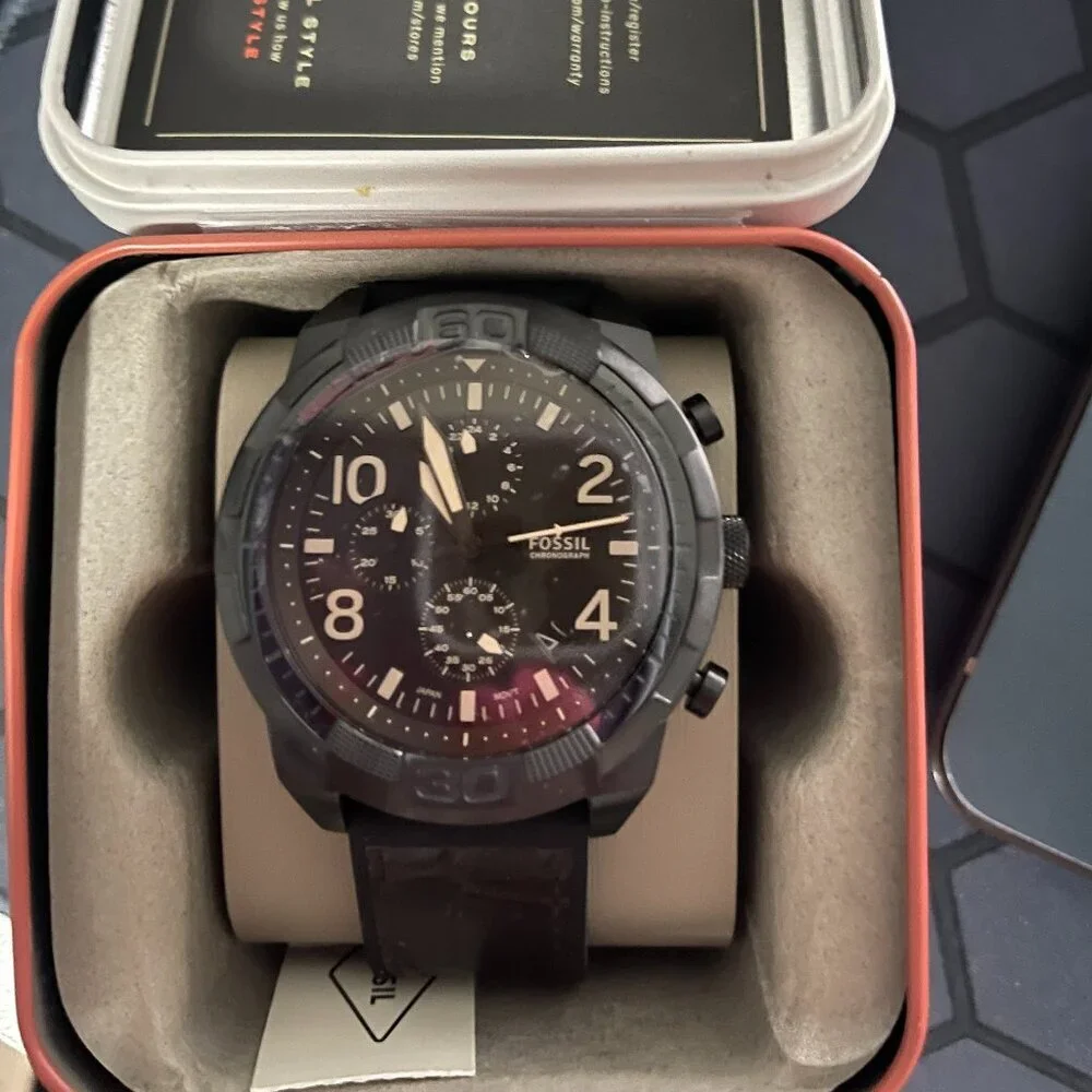 Fossil Bronson Chronograph Black Eco Leather Watch FS5713 *NEW* RD Blk Blk